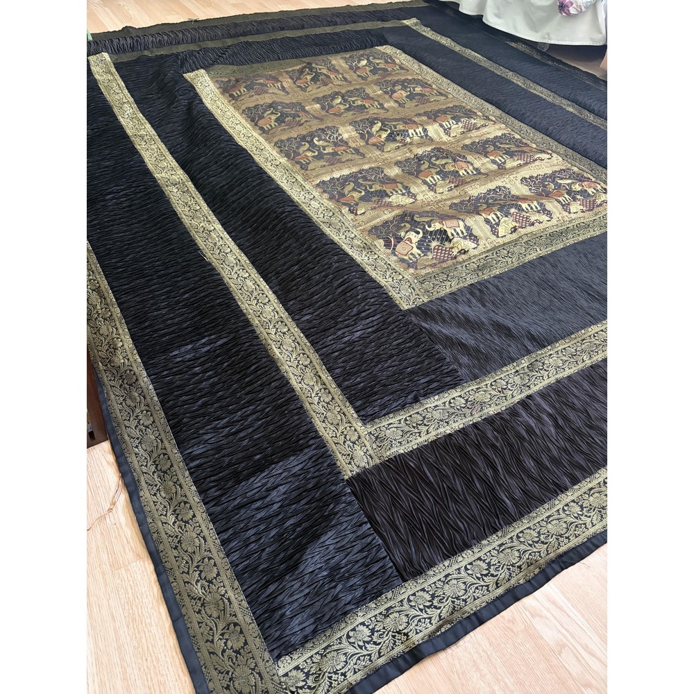 Indian Elephant Quilt Bedspread 102x88 Black Gold Silk Look Throw Decor Boho - Picture 2 of 12